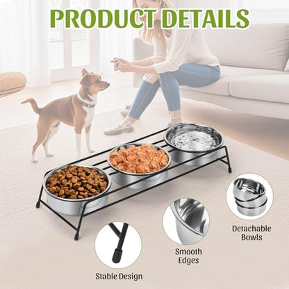 Raised Cat Bowls Triple Dog Cat Feeder Holders 3 Stainless Steel Elevated Pet Water Food Bowl for Cats Puppies Rabbits (3 Bowls) - Image 2
