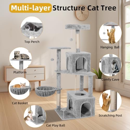 54inch Large Cat Tree Tower Condo with Hammock for Indoor Cats, Soft Plush Multi-Level Climbing Tree Cat House with Cat Cave, Scratching Post, Sisal Rope, Light Grey - Image 5