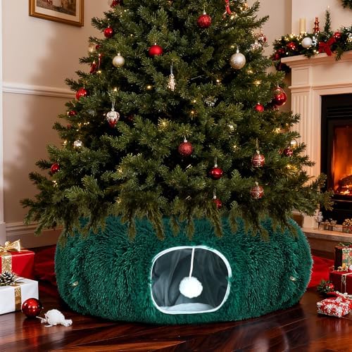 Christmas Tree Cat Tunnel 36 in Donut Bed, Green, Plush, Fluffy by SilTriangle