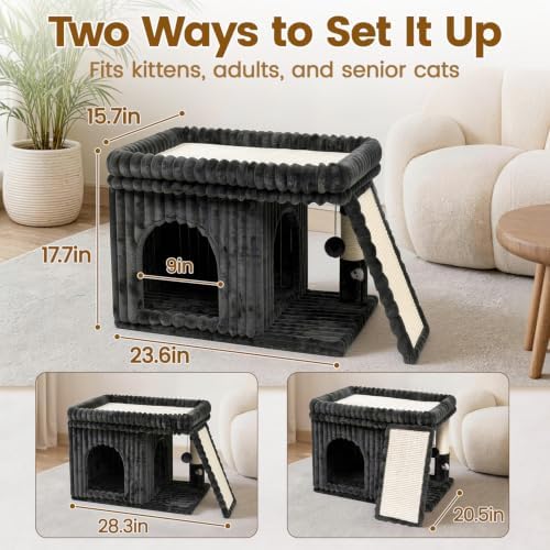 Cat Tree Tower with Scratching Post for Large Kitty, Gray Ribbed - Image 2