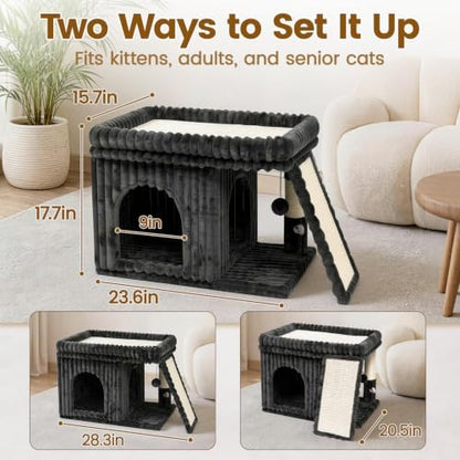 Cat Tree Tower with Scratching Post for Large Kitty, Gray Ribbed - Image 2