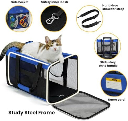 Conlun Cat Carrier Bag,Soft-Sided Pet Carriers for Dogs with 4-Sided Mesh,Airline Approved Cat Transport Carrier for Small&Medium Cats Kitten Puppy Up to 15LB,Collapsible Cat Travel Carrier-M,Blue - Image 5