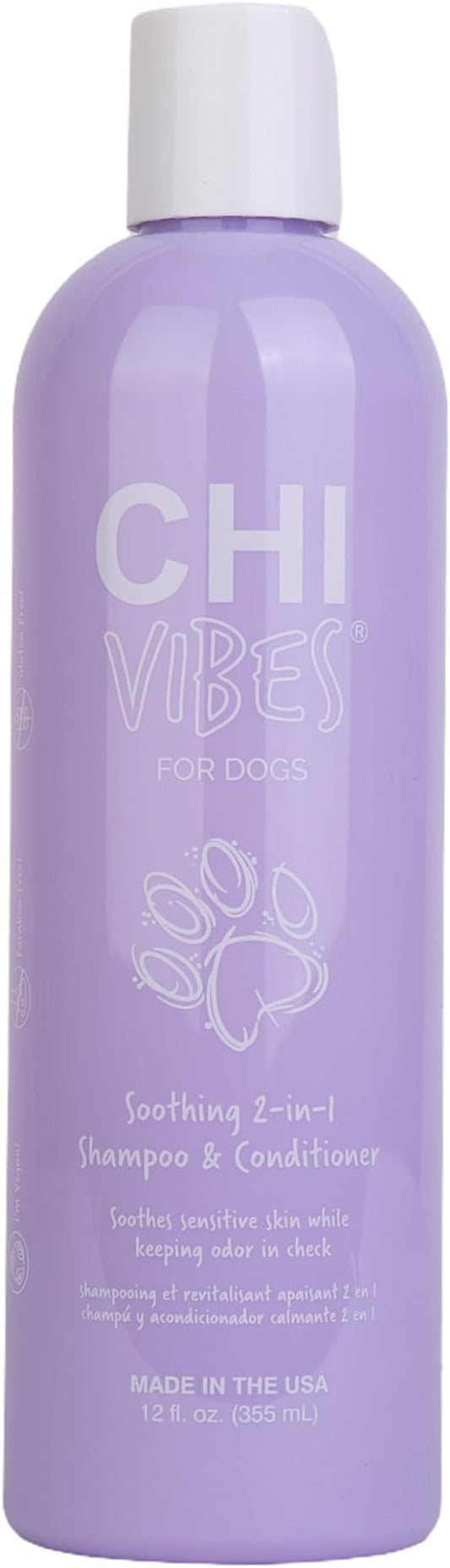 CHI Vibes for Dogs Soothing 2-in-1 Dog Shampoo & Conditioner, Sensitive Skin Cleanser + Dog Deodorizer for Puppies & Adults, Vegan pH Balanced, Gluten & Paraben Free, Made in The USA, 12 Fl Oz