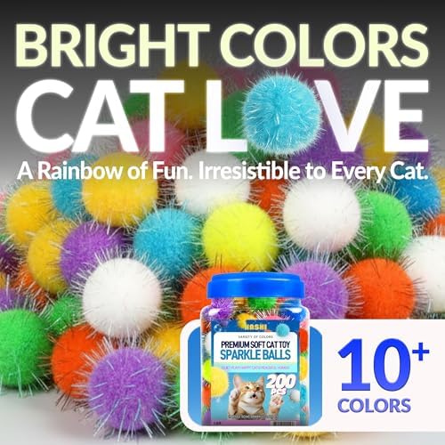 HA SHI Sparkle Cat Toy Balls 200 Pack, Tinsel Pom Poms with Storage Jar - Image 3