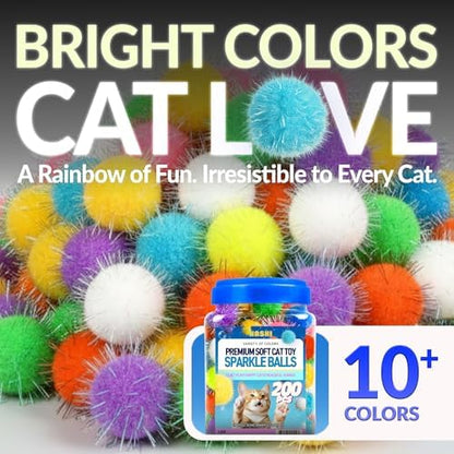 HA SHI Sparkle Cat Toy Balls 200 Pack, Tinsel Pom Poms with Storage Jar - Image 3
