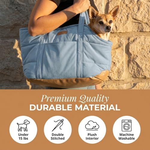 Plush Dog Purse Carrier for Small Dogs, Soft Dog Tote Bag with Safety Harness Clip, Cozy Pet Carrier for Dogs Under 15 lbs, Comfortable Dog Shoulder Carrier for Travel, Light Blue - Image 6