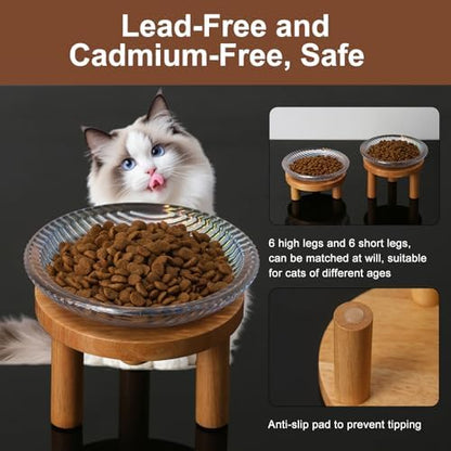Cat Bowls Whisker Friendly with Wooden Stands. Raised Elevated Glass Whisker Fatigue Cat Bowl for Indoor Cats. 2PCS (Rainbow Colors) - Image 4