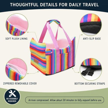Console Dog Car Seat for Small Dogs to 15lbs (Rainbow Stripes) - Image 6