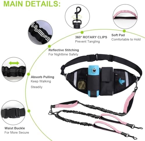 Hands Free Dog Leas, Double Waist Leash for Two Dog Walking (Pink) - Image 4