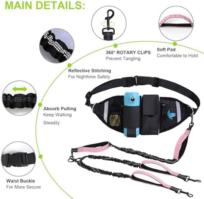 Hands Free Dog Leas, Double Waist Leash for Two Dog Walking (Pink) - Image 4