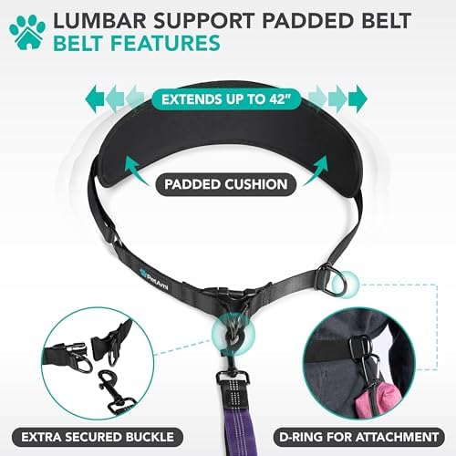 PetAmi Hands Free Double Dog Leash with Padded Lumbar Waist Belt, 360 No-Tangle Swivel Coupler, Bungee Shock Absorbing Dual Leash for Two Dogs Medium Large, Reflective, Purple - Image 4