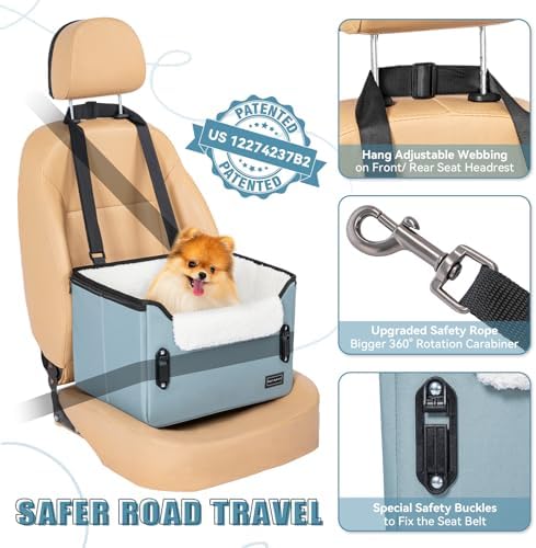 PETSFIT Dog Car Seats for Small Dogs – Patented Safety Buckles – Safety Tether – Foldable Travel Dog Booster Car Seat Reduces Anxiety & Road Trips – Stable Frame, Fits Front/Back Seat (Mint Green) - Image 3