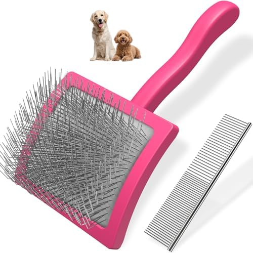 2PCS Slicker Brush for Dogs & Pet Comb,Professional Dog Grooming Brush (Goldendoodles,Poodles,Labradoodles) with Extra Long Pins to Effectively Remove Tangles, Knots and Mats (Pink, Large) by Unknown