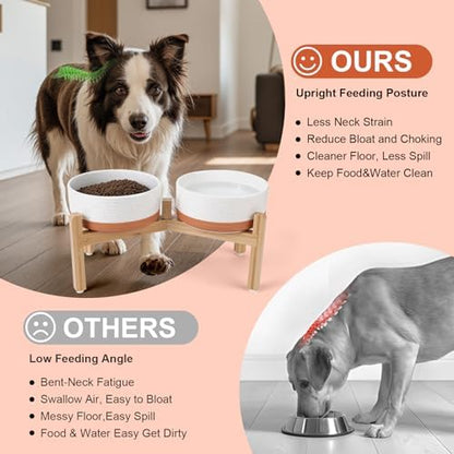 SPUNKYJUNKY Elevated Dog Bowls Ceramic, 7.3'' Dogs Food Water Bowls Raised with Non-Slip Bamboo Stand for Medium to Large Sized Breed Microwave Dishwasher Safe - 42 OZ,Pattern White - Image 3