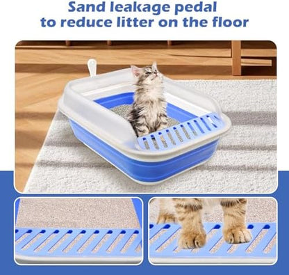 High Sided Cat Litter Box, Anti-Splashing Low Entry Cats Litter Pan with Scoop Collapsible Foldable Shallow Kitten Potty Toilet Waterproof Cat Travel Litterbox Semi-Enclosed Easy Clean(Blue) - Image 6