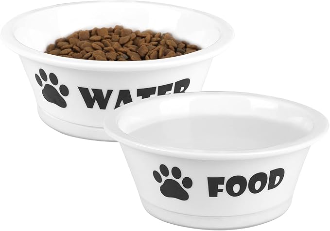 FOREYY Set of 2 Ceramic Dog Cat Bowl Set, Pet Porcelain Food and Water Feeder Dish Bowls with Anti Slip Band, Dishwasher and Microwave Safe (Small)
