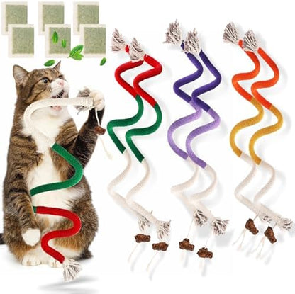 TEAWOO 6 PCS XL Cat Toys Chew Ropes, 27.56 Inches Cat Chew Rope Toy for Teeth Cleaning, Safe Catnip Toys for Cats Rope Chew Toy (6 Bags of Catnip Included) by TEAWOO