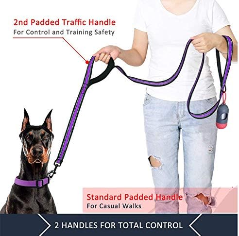JSXD Heavy Duty Double Handle Dog Leash - 5 FT with Comfortable Padded and Reflective Rope, for Small to Large Dogs (Wide-Purple) - Image 3