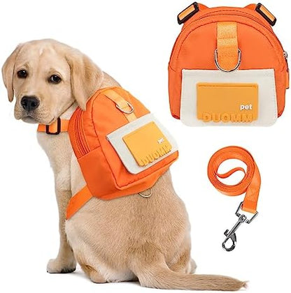Dog Backpack Harness with Leash,Cute Pet Puppy Backpacks Bulid-in Dog Poop Bag Dispenser,Adjustable Pets Self Carrier Bag for Small Medium Dogs Travel Hiking Daily Walking(S, Orange) by DoggieKit