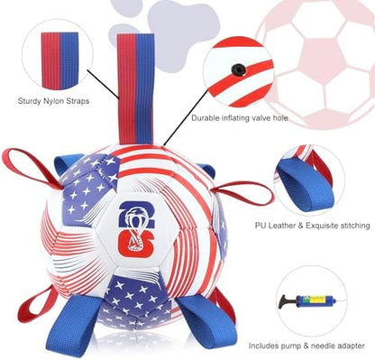 Dog Soccer Ball with Straps, 7.25 Inch Herding Dog Ball Toys World Cup Dog Toy, Balls for 30-90lbs Dogs, Outdoor Dog Toy for Medium Large Puppy, Interactive Toy for Tug, Water Toy Ball,U.S.A - Image 2