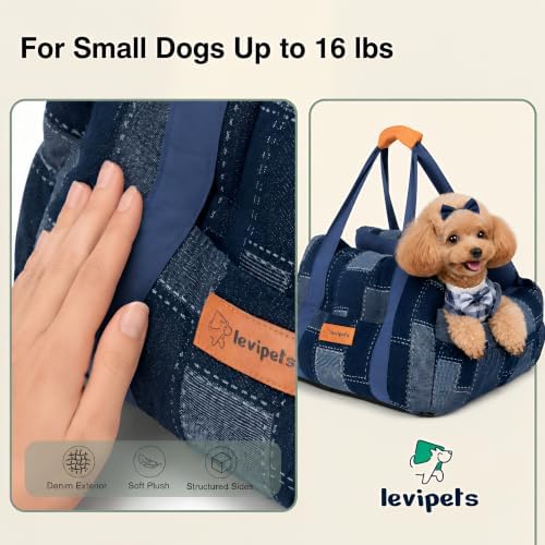 Denim Dog Car Seat for Small Dogs Up to 16 lbs, Thick Cushioned Puppy Booster Seat with Raised Sides, Plush Interior, Tether Clip, Nonslip Bottom, Adjustable Straps for Front & Rear Car Seats - Image 3