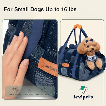 Denim Dog Car Seat for Small Dogs Up to 16 lbs, Thick Cushioned Puppy Booster Seat with Raised Sides, Plush Interior, Tether Clip, Nonslip Bottom, Adjustable Straps for Front & Rear Car Seats - Image 3