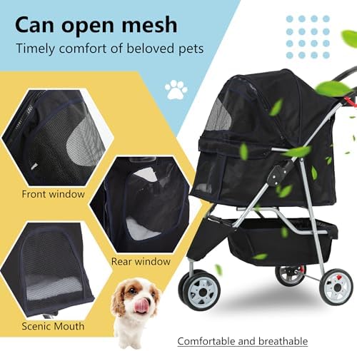 FDW Pet Stroller 3-Wheel Durable Foldable Cat Dog Stroller with Washable Liner Storage Basket Cup Holder,Dark Black - Image 4