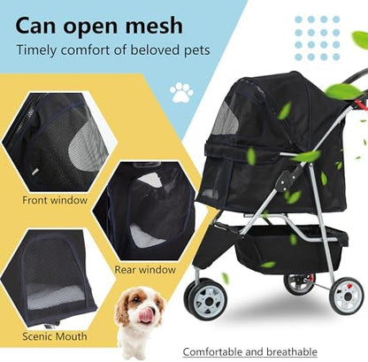 FDW Pet Stroller 3-Wheel Durable Foldable Cat Dog Stroller with Washable Liner Storage Basket Cup Holder,Dark Black - Image 4