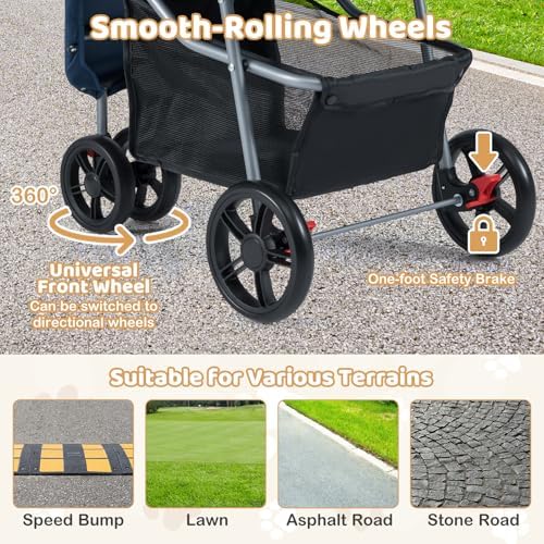 3 Wheels Dog Stroller, Foldable Pet Stroller for Small/Medium Dogs Cats, Cat Carrier with Storage Basket and Cup Holder, Pet Car Seat with Soft Pad (Navy Blue) - Image 5