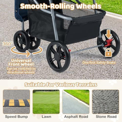 3 Wheels Dog Stroller, Foldable Pet Stroller for Small/Medium Dogs Cats, Cat Carrier with Storage Basket and Cup Holder, Pet Car Seat with Soft Pad (Navy Blue) - Image 5