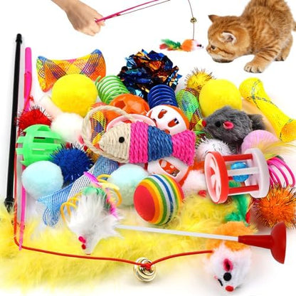 QUOZUO Cat Toys Kitten Toys Assortments, 32 Packs Interactive Cat Toy Variety Pack for Kitty, Cat Wand Toy, Cat Crinkle Balls Bell Balls with Bells, Cat Spring Toy, Catnip Toys for Indoor Cats Kitten by QUOZUO