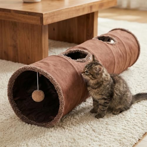 ZENFUN 51"x 12" Collasiple Cat Play Tunnel, Cats Tubes and Tunnels, Cat Foldable Hide and Seek Tunnel Toy, Brown Suede Pet Tube Toy for Rabbits, Ferrets, Puppy, Diameter 12 Inch - Image 7