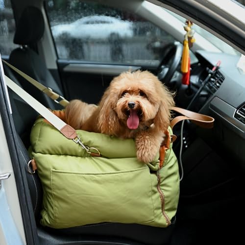 Dog Car Seat for Small & Medium Dogs - 3 in 1 Waterproof Soft Leather Dog Bed for Car with Harness Clip, Travel Bed & Carrier Bag for Pets, Fits Pets Up to 35 lbs (Green, Small & Medium) - Image 3