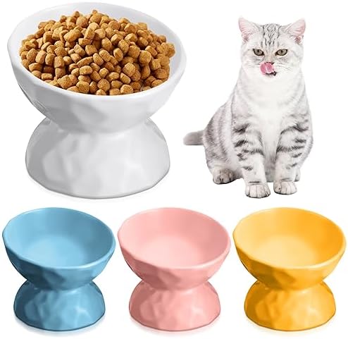 Bokon 4 Pcs Ceramic Raised Cat Bowl 6.8 oz Pet Food Bowl Anti Vomiting Pet Elevated Dog Feeder Tilted Cat Water Bowl Feeding Kitten Dishes for Small Dog Kitten(White, Yellow, Blue, Pink) by Bokon