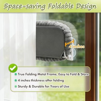 Zoratoo 2PC Cat Window Perch with Bolster Foldable Cat Hammock Cushion Bed for Window with Metal Frame, Cloud-Cuddle Cordless Window Resting Seat for Indoor Cats (Cushion Bed, Gray-L) - Image 3