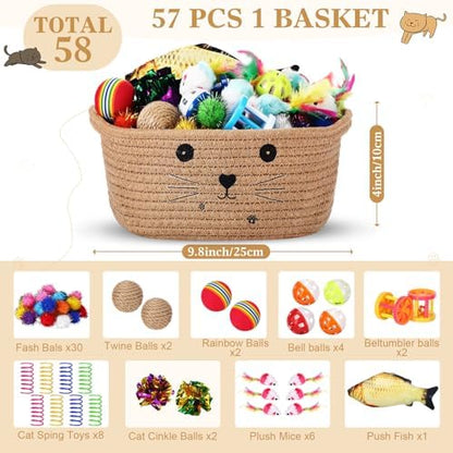 Zopeal 58 Pcs Cat Toy Set with Storage Basket Indoor, Khaki, 9.8 Inch - Image 2