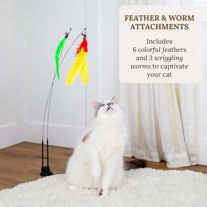 Interactive Cat Toys for Indoor Cats - 6 Feathers 3 Worms Double Sided Suction Cup - Round Base Teaser Wand - Self Play Bird Hunting - Bored Adult Feline Solo Activity - Kitten Juguetes para Gatos