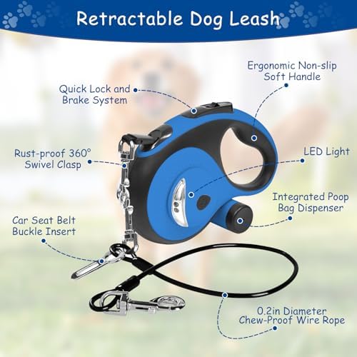 26Ft Retractable Dog Leash - for Dog Up to 110lbs, Tangle Free Walking Leash with Chew Proof Cable | LED Light | Dispenser | Poop Bags, Quick Lock Braking & Non-Slip Handle (Blue) - Image 3