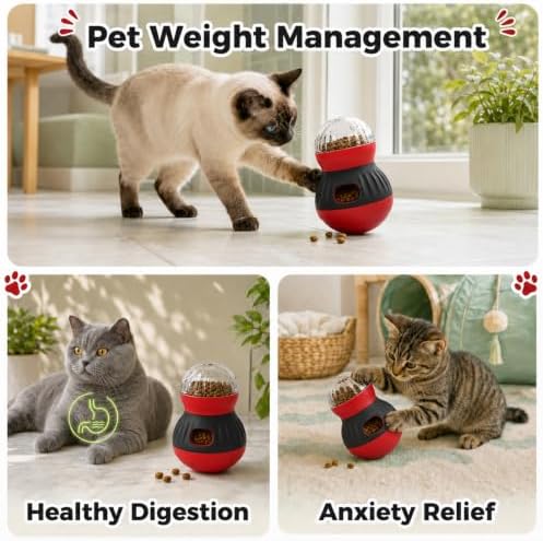 Interactive Cat Wobble Toy Treat Dispenser – Cat Puzzle Feeder & Slow Feeder Ball for Indoor Cats, Small Dog Enrichment Toy for Puppies (RED) - Image 6