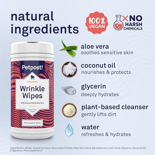 Petpost Large Wrinkle Wipes for Dogs | 60 Count 5x7 Dog Face & Wrinkle Cleaner | Gentle Pet Wipes with Coconut Oil & Aloe for Bulldogs, Pugs & Wrinkly Breeds | Dog Cleaning Wipes - Image 3