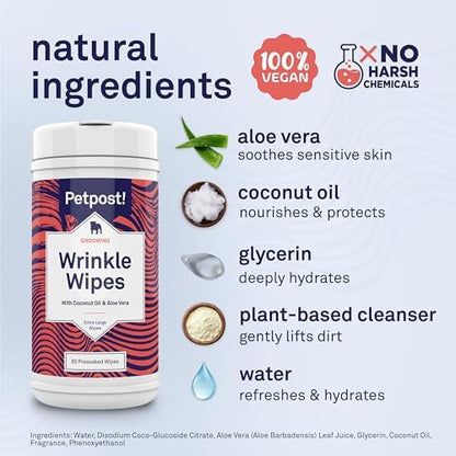 Petpost Large Wrinkle Wipes for Dogs | 60 Count 5x7 Dog Face & Wrinkle Cleaner | Gentle Pet Wipes with Coconut Oil & Aloe for Bulldogs, Pugs & Wrinkly Breeds | Dog Cleaning Wipes - Image 3
