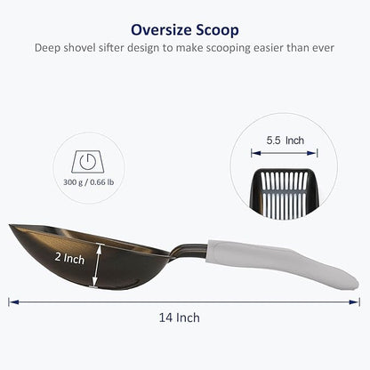 WePet Cat Litter Scoop, Non-Stick Plated Aluminum Alloy Sifter, Kitty Durable Metal Scooper, Deep Shovel, Long Handle, Kitten Pooper Lifter, Size Large, Coated Black Body with Grey Handle