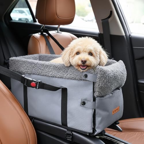 Console Dog Car Seat for Small Dogs,Small Dog Booster Seat for Car Washable Foldable Puppy Car Seat with Safe Protection Hooks Adjustable Straps and Storage Pocket Pet Up to 15lbs by BONTHEE