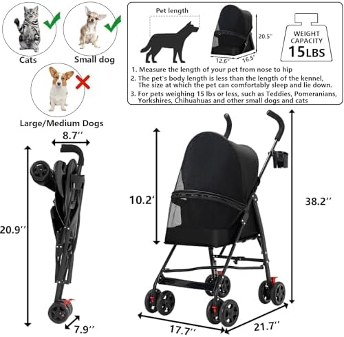 Cat Stroller Foldable Lightweight for Small Dogs Cats 0-15 lb Black - Image 2