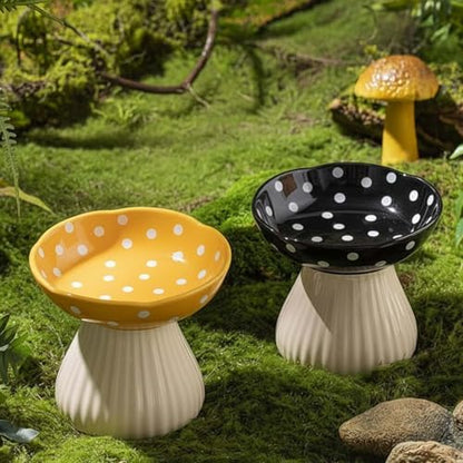 Mushroom Cat Bowl, Raised Ceramic Cat Food Dish for Whisker Fatigue, Forest Style Pet Water Bowl, Elevated Tilted Neck Protection Feeder for Indoor (Yellow & Black) by Whimsicalfox
