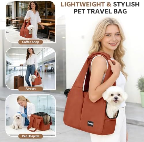 Dog Purse Carrier for Small Dogs and Cats, Soft-Sided Pet Tote Bag with 6 Large Pockets, Collapsible Travel Puppy Carrier with Small Cushion, Fits Pets up to 6 lbs (Caramel, 13.6" L x 6.6" W x 10" H) - Image 6