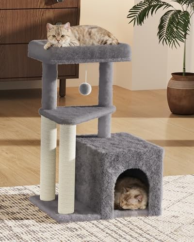 Cat Tree Tower for Indoor Cats, 33 Inches Multi-Level Cat Condo with Scratching Posts, Large Perch, Hanging Toy for Large Adult Cats, Gray - Image 2