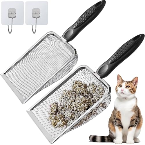 2Pcs Cat Litter Scoop Metal Stainless Steel Mesh Kitty Litter Scoop with Hook, Cat Scooper for Litter Box, Filter Small Pieces Quickly, Easy to Clean and Durable (3mm/5mm Mesh) by ISYOKE