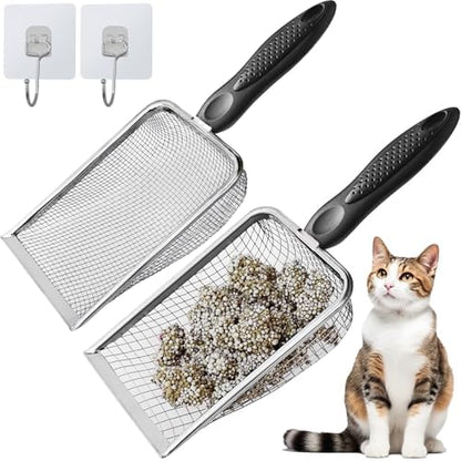 2Pcs Cat Litter Scoop Metal Stainless Steel Mesh Kitty Litter Scoop with Hook, Cat Scooper for Litter Box, Filter Small Pieces Quickly, Easy to Clean and Durable (3mm/5mm Mesh) by ISYOKE