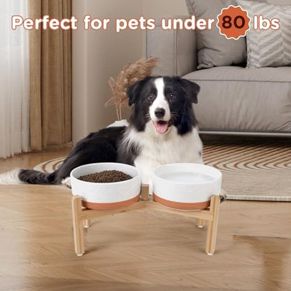 SPUNKYJUNKY Elevated Dog Bowls Ceramic, 7.3'' Dogs Food Water Bowls Raised with Non-Slip Bamboo Stand for Medium to Large Sized Breed Microwave Dishwasher Safe - 42 OZ,Pattern White - Image 7